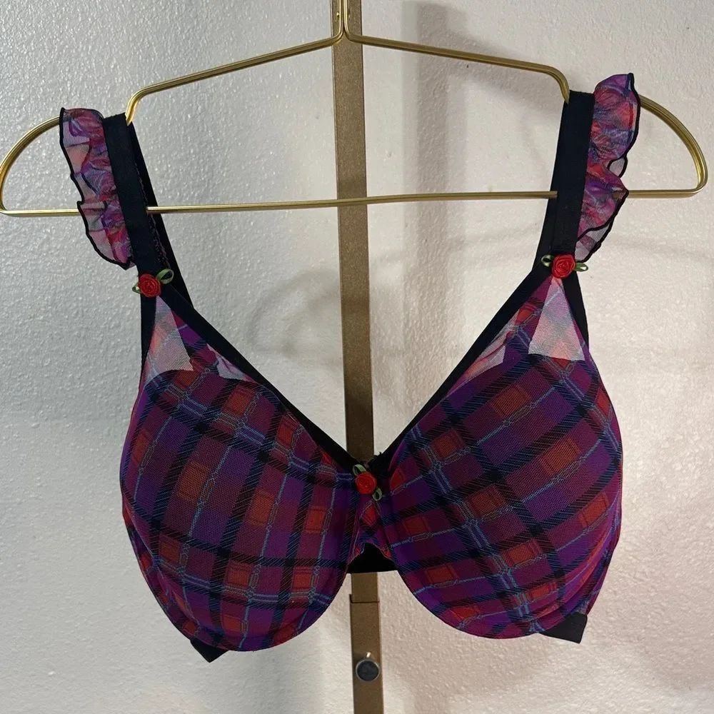 Parade-Chic Plaid Ruffle Bra in Black and Pink- Size XL